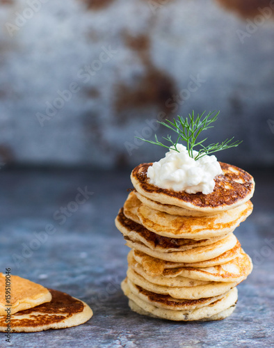 Obraz na plátně Easy blini. Russian pancake with cheese and serrano ham