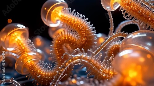 In a crisp, luminous backdrop, a series of glowing molecule bending like jellyfish in slow motion gracefully morph and twist, exuding shades of gold and silver that catch the light, making