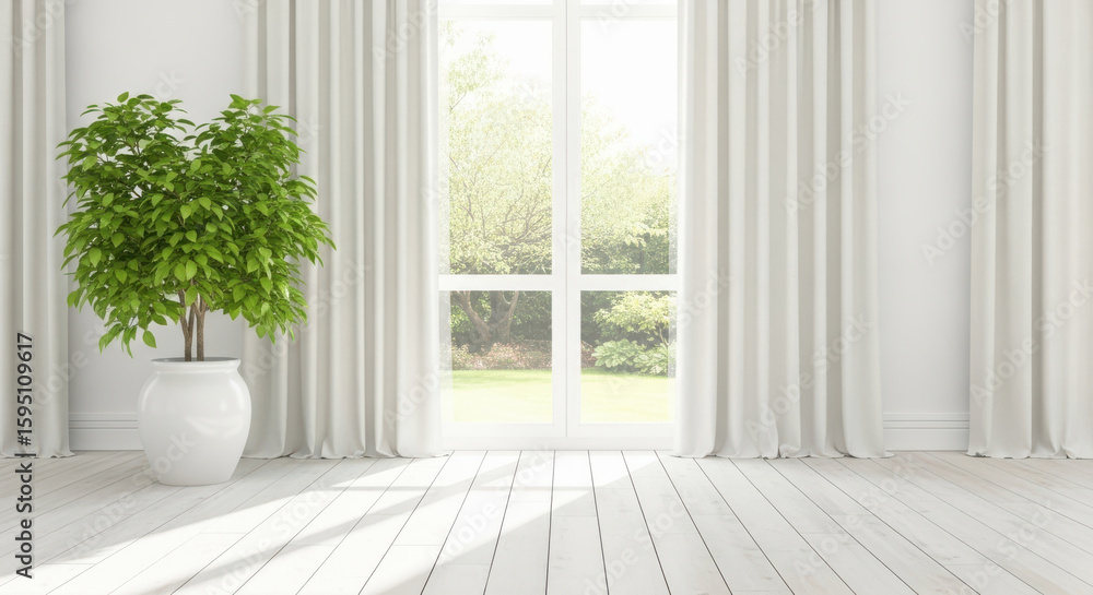 Fototapeta premium Bright White Living Room Interior With Window and Indoor Plant