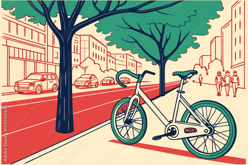 Fototapeta premium Cityscape with Bicycle and Pedestrians.