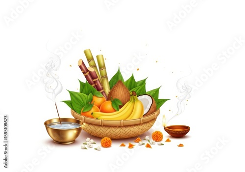 Chhath Puja Festival Offering Arrangement with Fruits and Traditional Decor