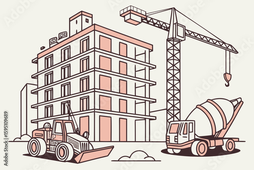 Construction Site with Crane and Bulldozer.