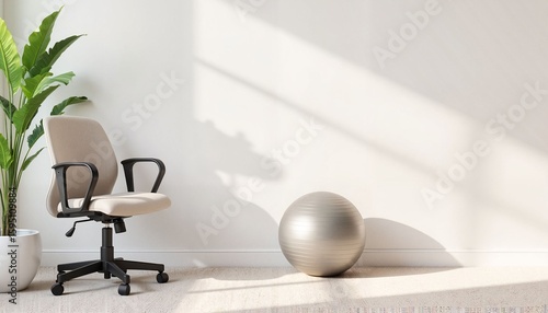 Modern office chair and fitness ball beside plant in bright room  