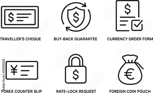 out stroke icon traveller s cheque service buy back guarantee currency order form fore counter slip rate lock request foreign coin pouch mono icons style isolated