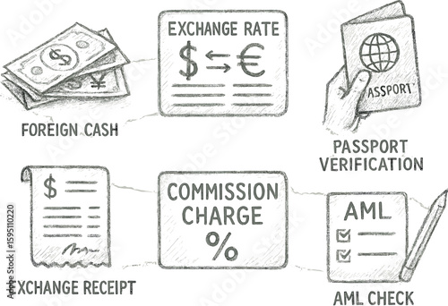foreign cash stock echange rate board passport verification echange receipt commission charge AML check hand drawn pencil sketch style isolated