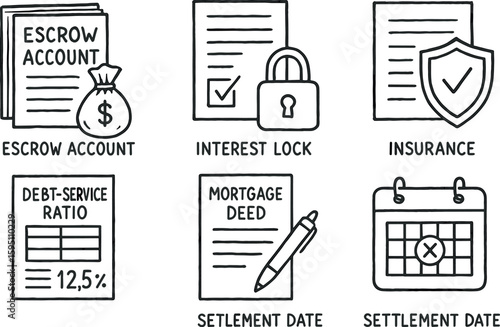 hand drawn icon escrow account setup interest lock agreement insurance verification debt service ratio sheet mortgage deed draft settlement date schedule sketch drawing style icons style