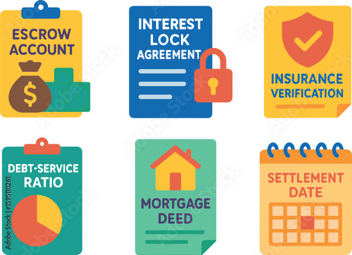 si objects escrow account setup interest lock agreement insurance verification debt service ratio sheet mortgage deed draft settlement date schedule solid color icon out vector fills