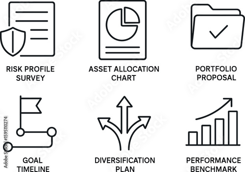 out stroke icon risk profile survey asset allocation chart portfolio proposal goal time diversification plan performance benchmark mono icons style isolated
