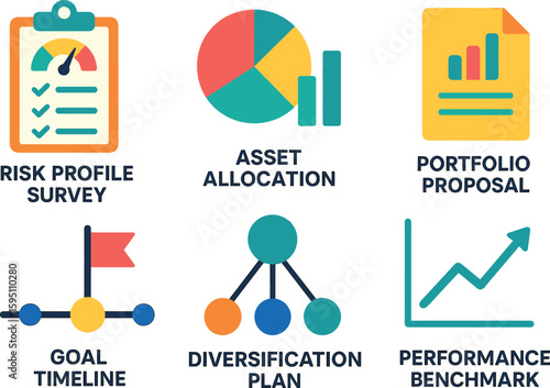 si objects risk profile survey asset allocation chart portfolio proposal goal time diversification plan performance benchmark solid color icon out vector fills palette minimal isolated