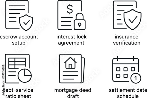 out stroke icon escrow account setup interest lock agreement insurance verification debt service ratio sheet mortgage deed draft settlement date schedule mono icons style isolated