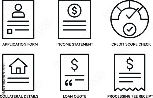 out stroke icon application form income statement cit score check collateral details loan quote processing fee receipt mono icons style isolated