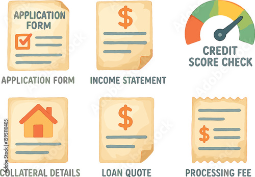 watercolor icon application form income statement cit score check collateral details loan quote processing fee receipt paint colo isolated