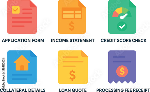si objects application form income statement cit score check collateral details loan quote processing fee receipt solid color icon out vector fills palette minimal isolated