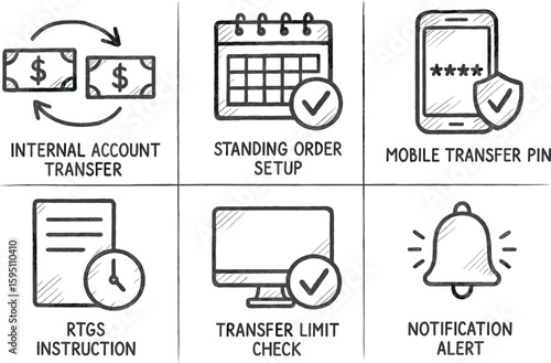 hand drawn icon internal account traer standing order setup mobile traer PIN RTGS instction traer limit check notification alert sketch drawing style icons style isolated
