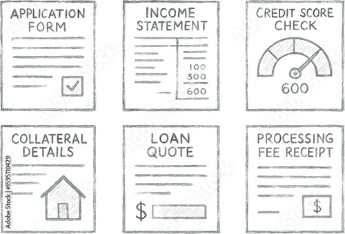 application form income statement cit score check collateral details loan quote processing fee receipt hand drawn pencil sketch style isolated