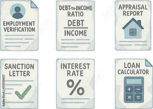 watercolor icon employment verification debt to income ratio sheet appraisal report sanction letter draft interest rate offer loan calculator printout paint colo isolated
