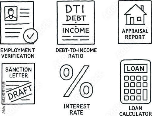 hand drawn icon employment verification debt to income ratio sheet appraisal report sanction letter draft interest rate offer loan calculator printout sketch drawing style icons style