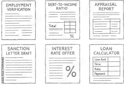 employment verification debt to income ratio sheet appraisal report sanction letter draft interest rate offer loan calculator printout hand drawn pencil sketch style isolated