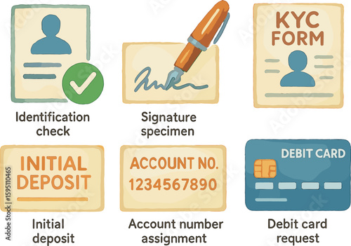 watercolor icon identification check signature specimen KYC form initial deposit slip account number assignment debit card request paint colo isolated
