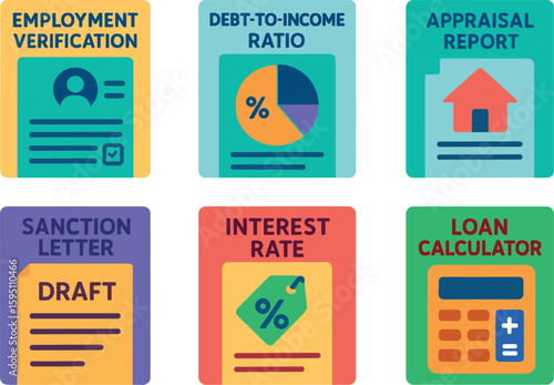 si objects employment verification debt to income ratio sheet appraisal report sanction letter draft interest rate offer loan calculator printout solid color icon out vector fills palette