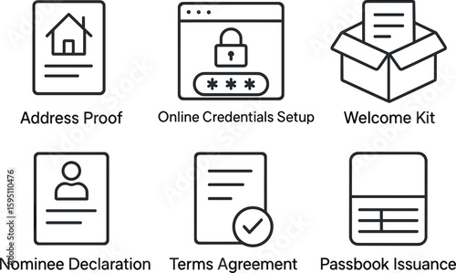 out stroke icon address proof copy centials setup welcome kit nominee declaration terms agreement passbook issuance mono icons style isolated