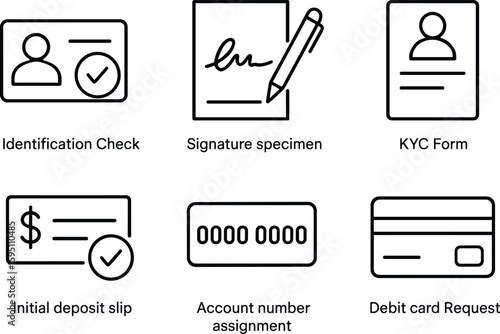 out stroke icon identification check signature specimen KYC form initial deposit slip account number assignment debit card request mono icons style isolated