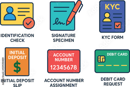 si objects identification check signature specimen KYC form initial deposit slip account number assignment debit card request solid color icon out vector fills palette minimal isolated