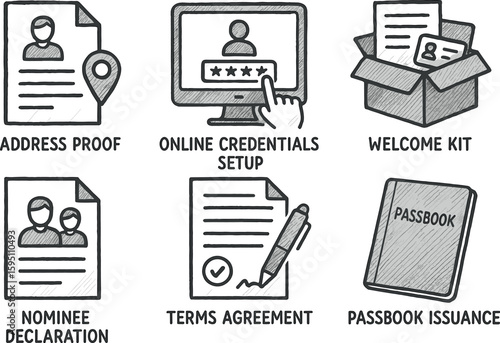 hand drawn icon address proof copy centials setup welcome kit nominee declaration terms agreement passbook issuance sketch drawing style icons style isolated