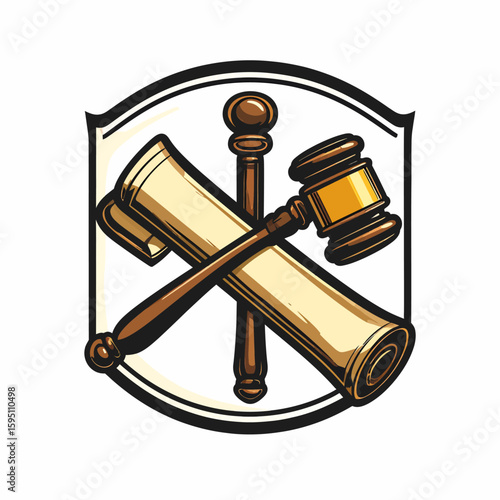 Emblem of justice with gavel, scroll, and mace symbolizing legal authority and tradition