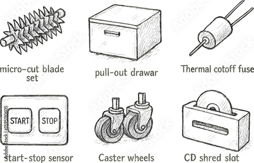 micro cut blade pull out drawer thermal cutoff fuse start stop sensor caster wheels CD sh slot hand drawn pencil sketch style isolated