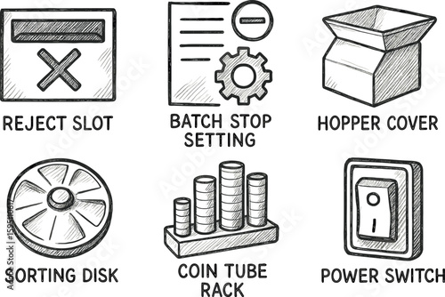 hand drawn icon reject slot batch stop setting hopper cover sorting disk coin tube rack power switch sketch drawing style icons style isolated