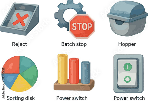 watercolor icon reject slot batch stop setting hopper cover sorting disk coin tube rack power switch paint colo isolated