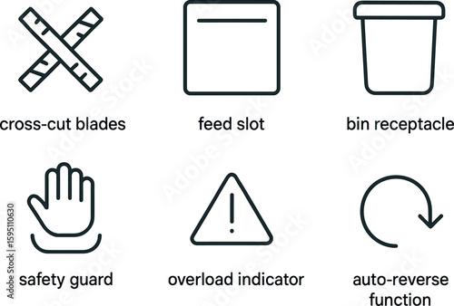 out stroke icon cross cut blades feed slot bin receptacle safety guard overload indicator auto reverse function mono icons style isolated