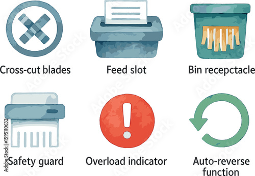 watercolor icon cross cut blades feed slot bin receptacle safety guard overload indicator auto reverse function paint colo isolated