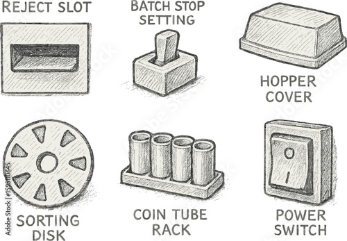 reject slot batch stop setting hopper cover sorting disk coin tube rack power switch hand drawn pencil sketch style isolated