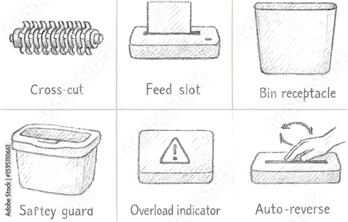 cross cut blades feed slot bin receptacle safety guard overload indicator auto reverse function hand drawn pencil sketch style isolated