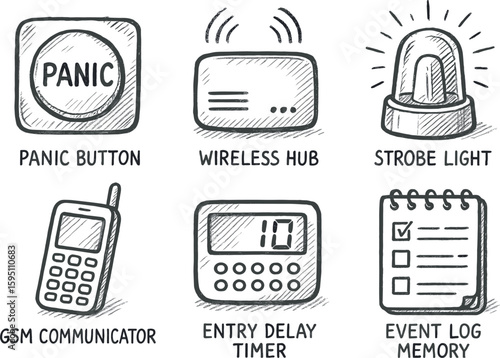 hand drawn icon panic button wireless hub strobe GSM communicator entry delay timer event log memory sketch drawing style icons style isolated