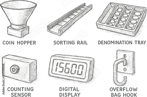 coin hopper sorting rail denomination tray counting sensor digital display overflow bag hook hand drawn pencil sketch style isolated