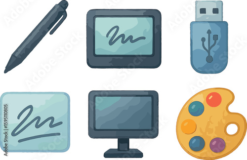 watercolor icon stylus pen LCD capture screen USB connector signing glass mounting stand erase button paint colo isolated