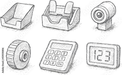 hopper feeder stacker pocket UV sensor bill separator wheel control keypad LED display hand drawn pencil sketch style isolated