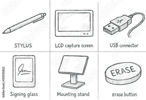 stylus pen LCD capture screen USB connector signing glass mounting stand erase button hand drawn pencil sketch style isolated
