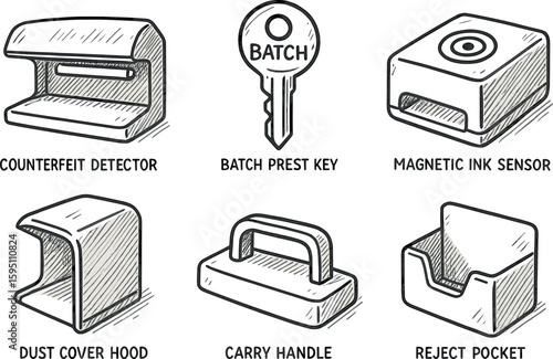 hand drawn icon counterfeit detector lamp batch preset key magnetic ink sensor dust cover hood carry handle reject pocket sketch drawing style icons style isolated