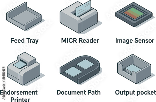 icon feed tray MICR reader image sensor endorsement printer document path output pocket isolated