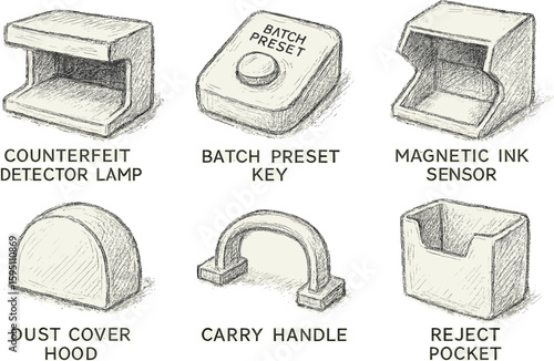 counterfeit detector lamp batch preset key magnetic ink sensor dust cover hood carry handle reject pocket hand drawn pencil sketch style isolated