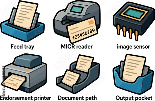 icons feed tray MICR reader image sensor endorsement printer document path output pocket style isolated