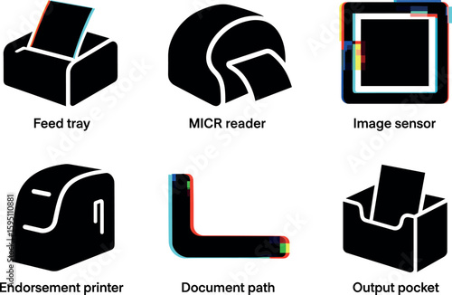 feed tray MICR reader image sensor endorsement printer document path output pocket isolated