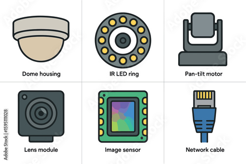 colo dome housing IR LED ring pan tilt motor lens module image sensor network cable perfect colo vector style isolated