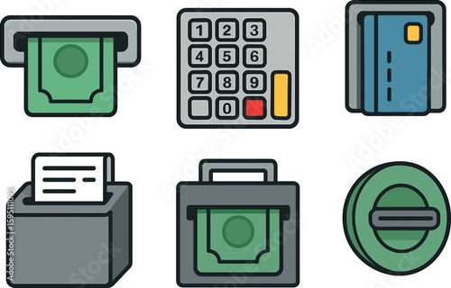 colo withdrawal slot PIN keypad card reader receipt printer cash cassette anti skimming shield perfect colo vector style isolated