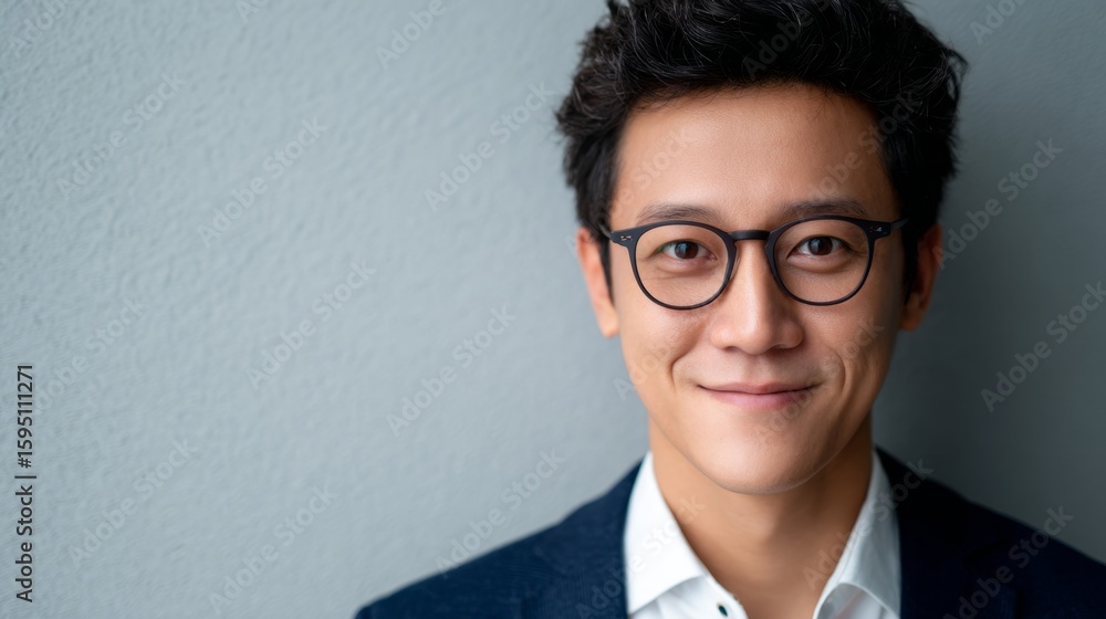 Smiling Asian businessman in a suit and glasses against a gray background, exuding professionalism and confidence in a clean, minimalist setting with ample free space. Smiling Asian businessman in a suit and glasses against a gray background, exuding professionalism and confidence in a clean, minimalist setting with ample free space.
