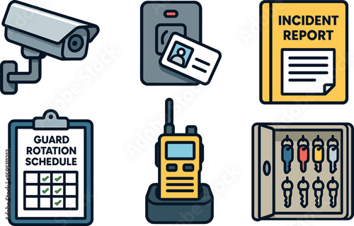 colo CCTV control panel access card reader log incident report binder guard rotation schedule two way radio charger key control cabinet perfect colo vector style isolated